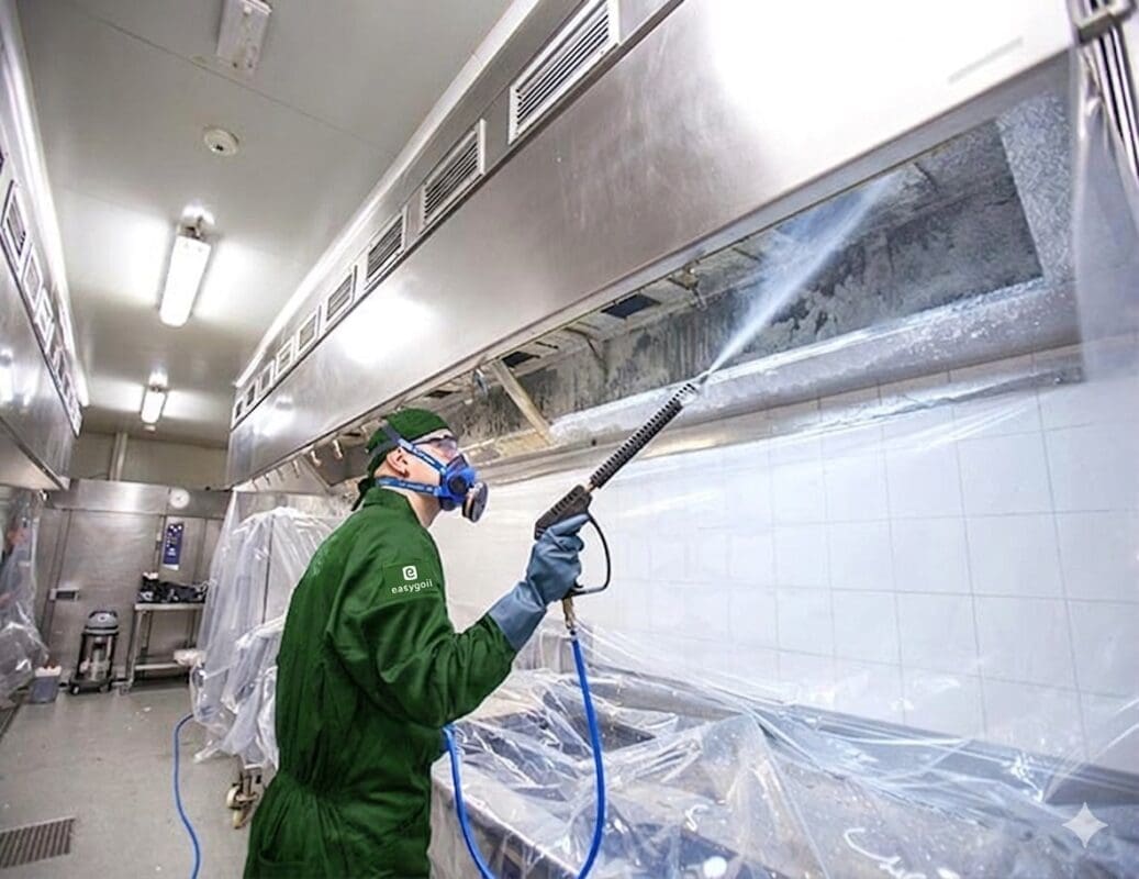 Técnico de Easygoil limpiando una campana extractora protegida con plástico
